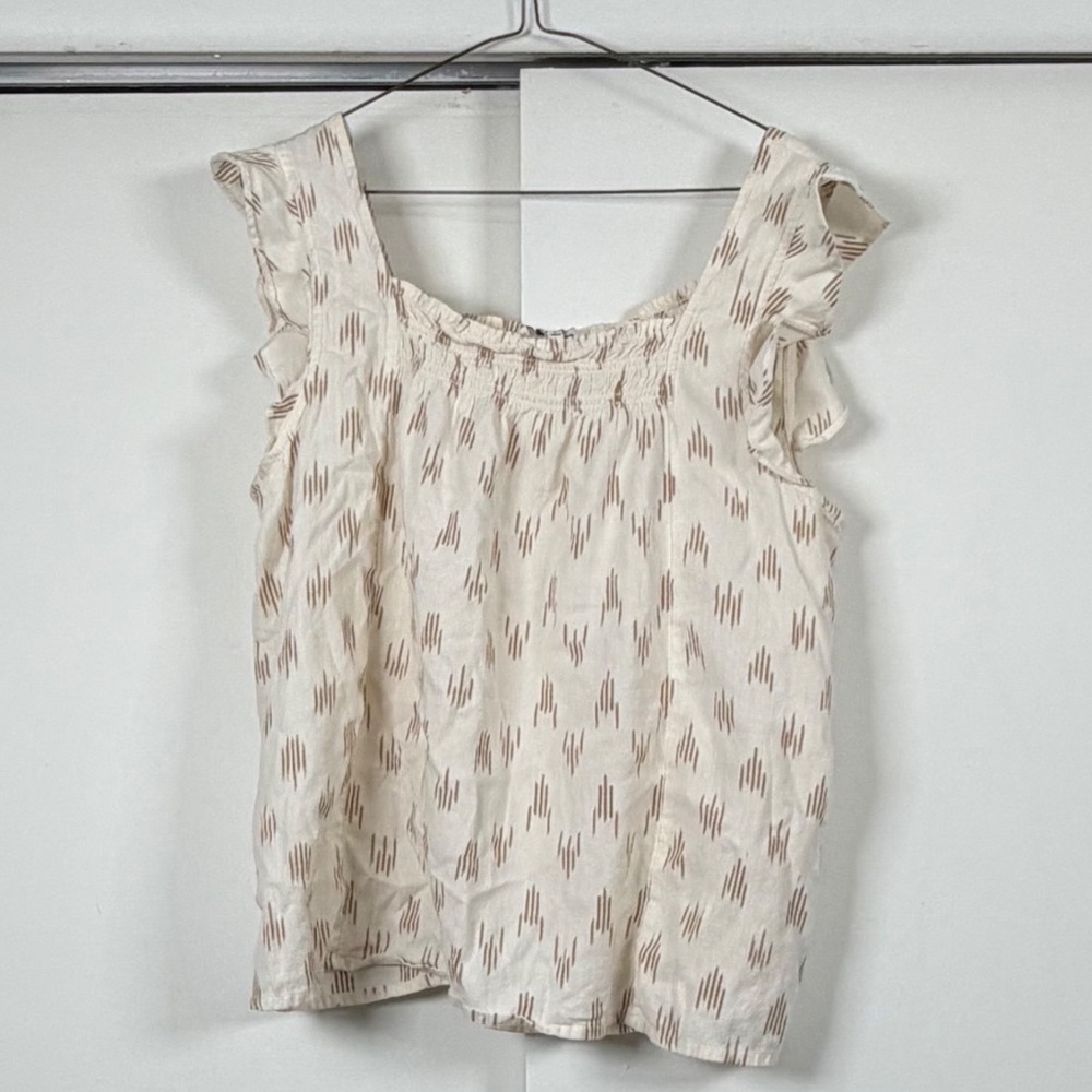 Madewell Cream Brown Ikat Flutter Sleeve Ruffle Smocked Blouse Top L